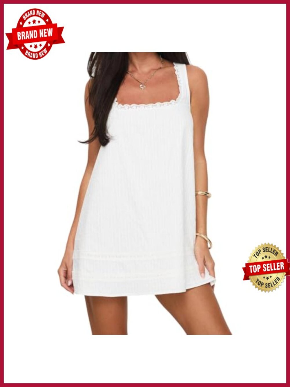 Women's Loose Fit Sleeveless Mini Dress Square Neck Lace Trim Casual Summer